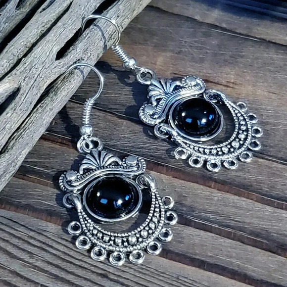 Handcrafted Antique Silver Plated Black Porcelain Stone Dangle Earrings - Picture 1 of 8